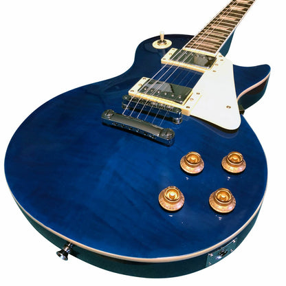 The Axiom Music Challenger Electric Guitar in blue features vintage humbuckers, a white pickguard, gold control knobs, and a dark headstock, shown here against a white background.