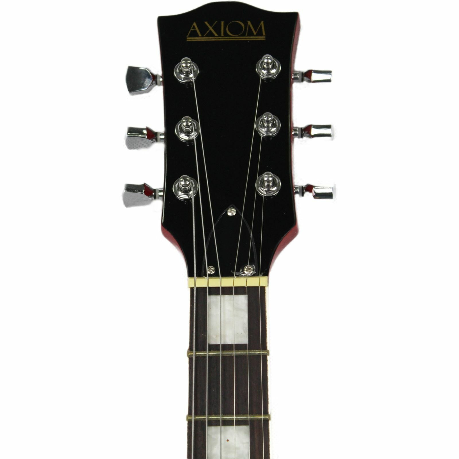The Axiom Music Challenger Electric Guitar in blue features vintage humbuckers, a white pickguard, gold control knobs, and a dark headstock, shown here against a white background.
