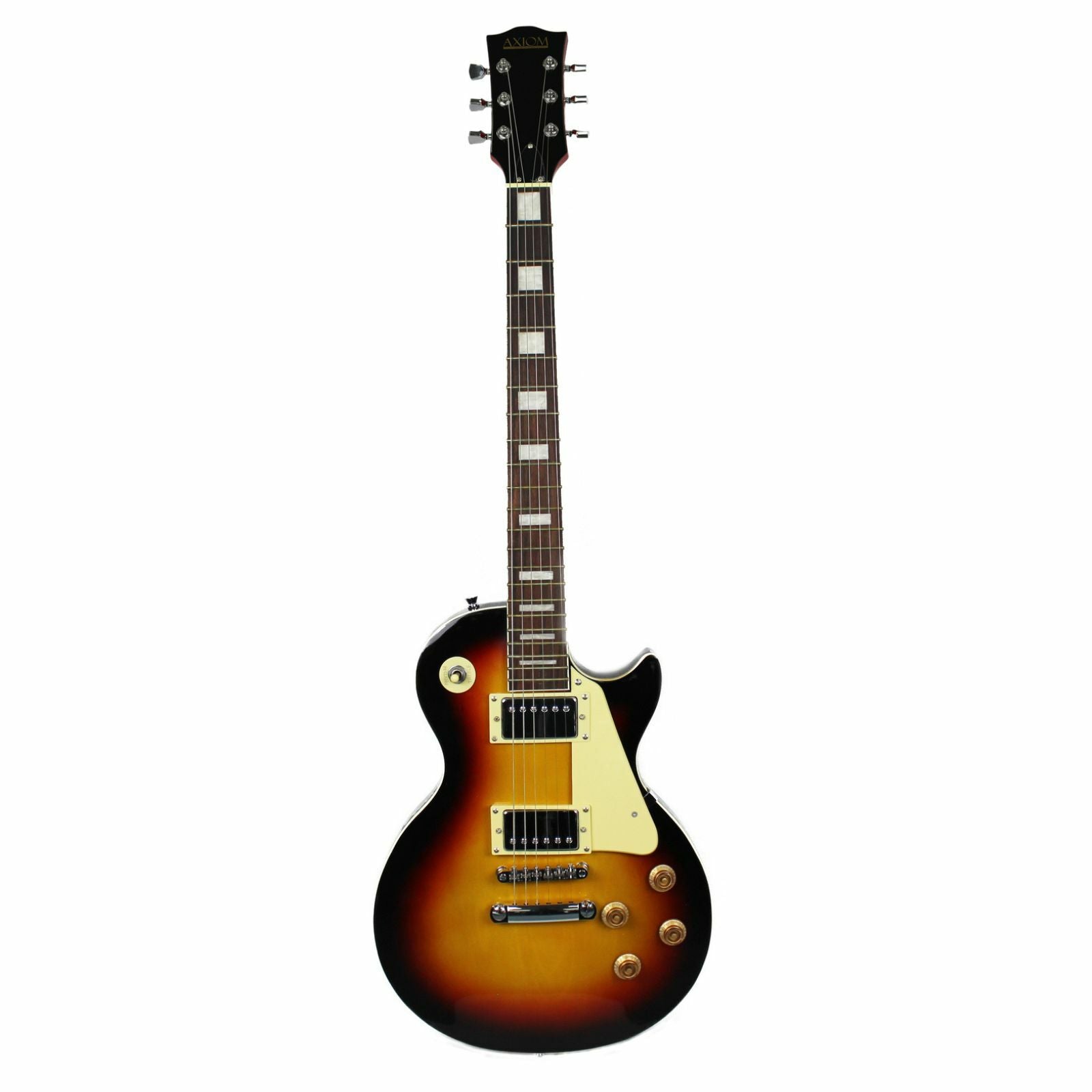 The Axiom Challenger Electric Guitar - Sunburst by Axiom Music features a single cutaway, vintage-style humbuckers, white pickguard, four control knobs, and a rosewood fretboard with block inlays.