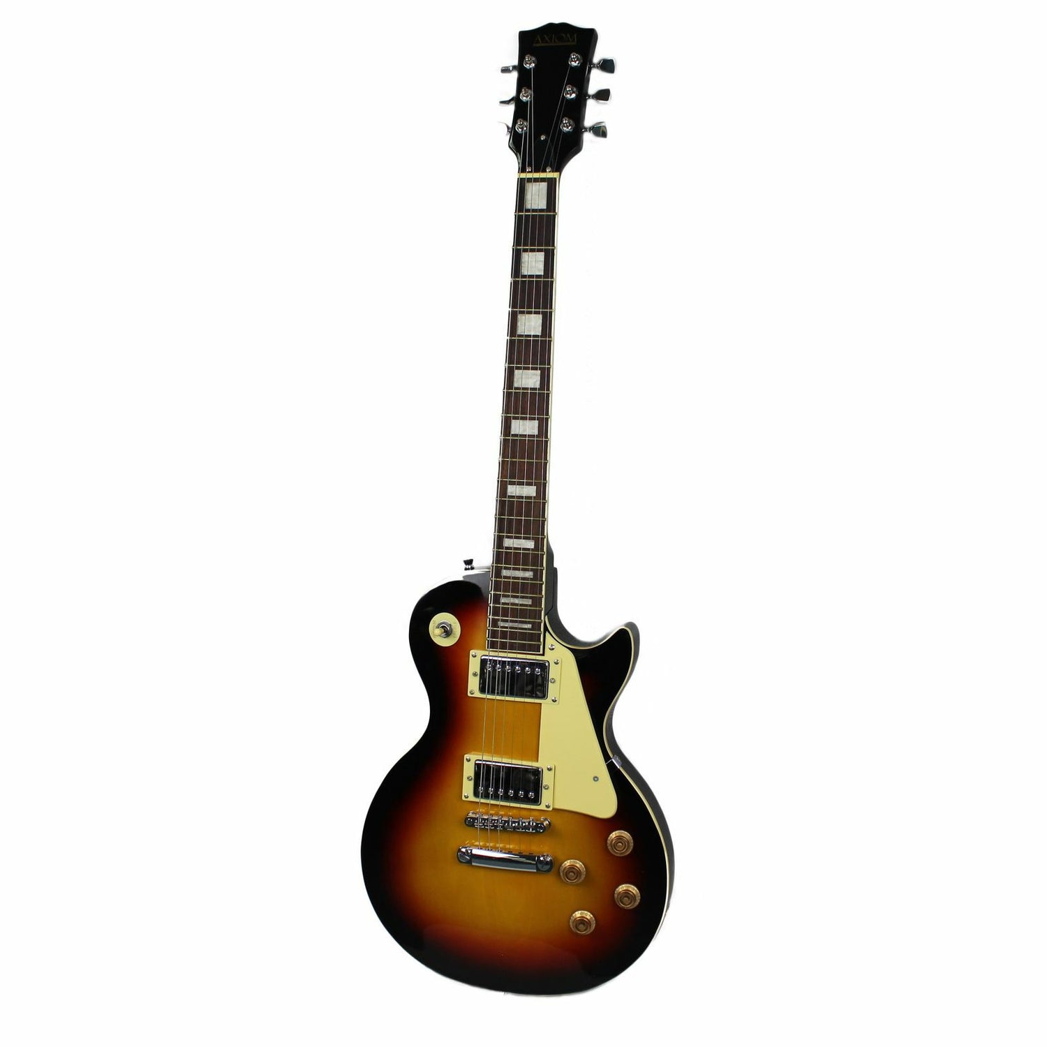 The Axiom Challenger Electric Guitar - Sunburst by Axiom Music features a single cutaway, vintage-style humbuckers, white pickguard, four control knobs, and a rosewood fretboard with block inlays.
