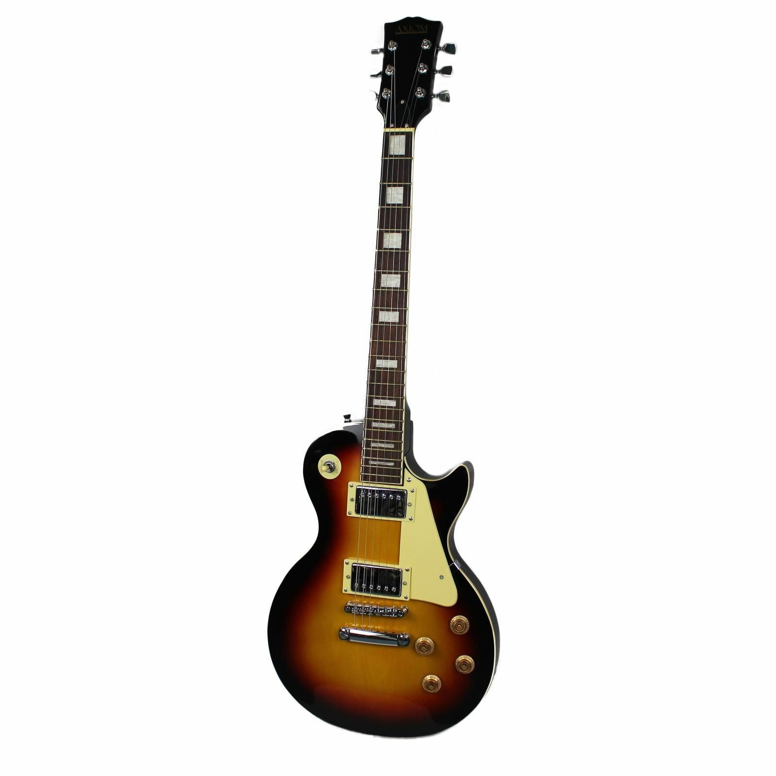The Axiom Challenger Electric Guitar - Sunburst by Axiom Music features a single cutaway, vintage-style humbuckers, white pickguard, four control knobs, and a rosewood fretboard with block inlays.