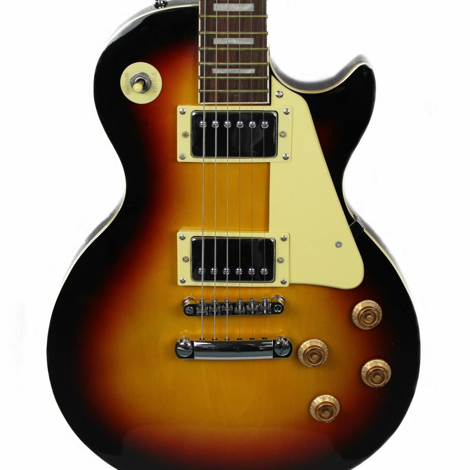 The Axiom Challenger Electric Guitar - Sunburst by Axiom Music features a single cutaway, vintage-style humbuckers, white pickguard, four control knobs, and a rosewood fretboard with block inlays.