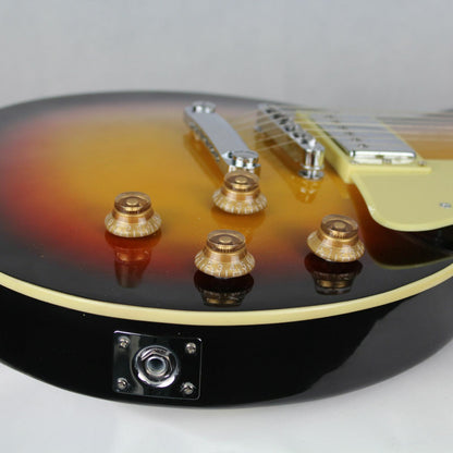 The Axiom Challenger Electric Guitar - Sunburst by Axiom Music features a single cutaway, vintage-style humbuckers, white pickguard, four control knobs, and a rosewood fretboard with block inlays.
