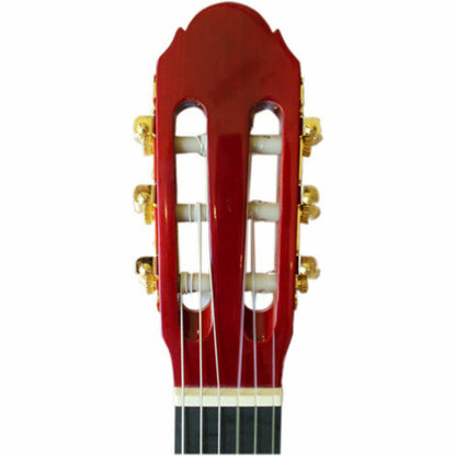 The Axiom Music Beginners Guitar Pack - Full Size Red includes a red and black guitar, stand, extra nylon strings, guitar pick, and black gig bag—everything a beginner needs in one complete set.
