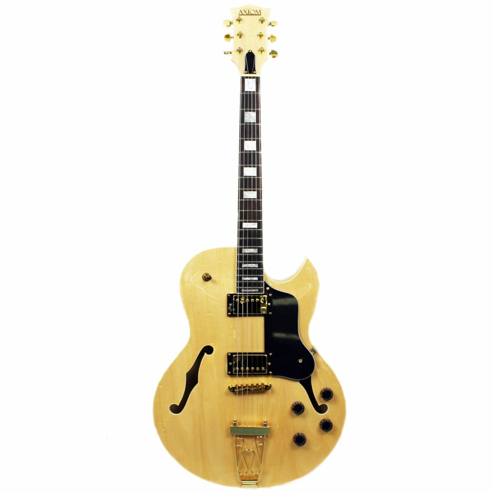 The Axiom Music Columbia Archtop Electric Guitar - Natural features a hollow body, black and gold hardware, f-hole, rectangular fretboard inlays, and vintage-style humbuckers.