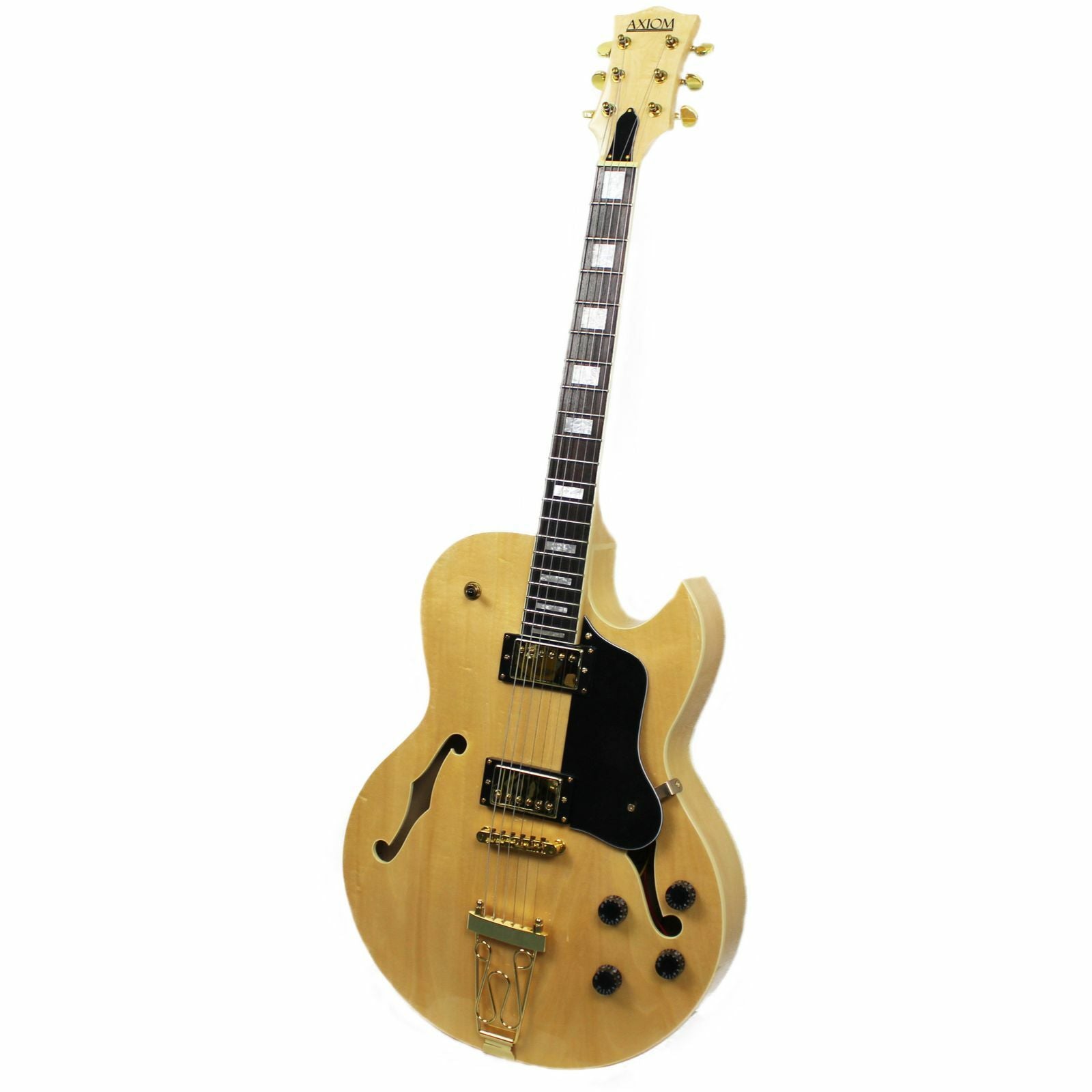The Axiom Music Columbia Archtop Electric Guitar - Natural features a hollow body, black and gold hardware, f-hole, rectangular fretboard inlays, and vintage-style humbuckers.