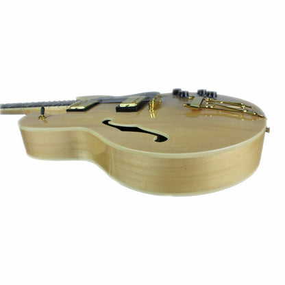 The Axiom Music Columbia Archtop Electric Guitar - Natural features a hollow body, black and gold hardware, f-hole, rectangular fretboard inlays, and vintage-style humbuckers.