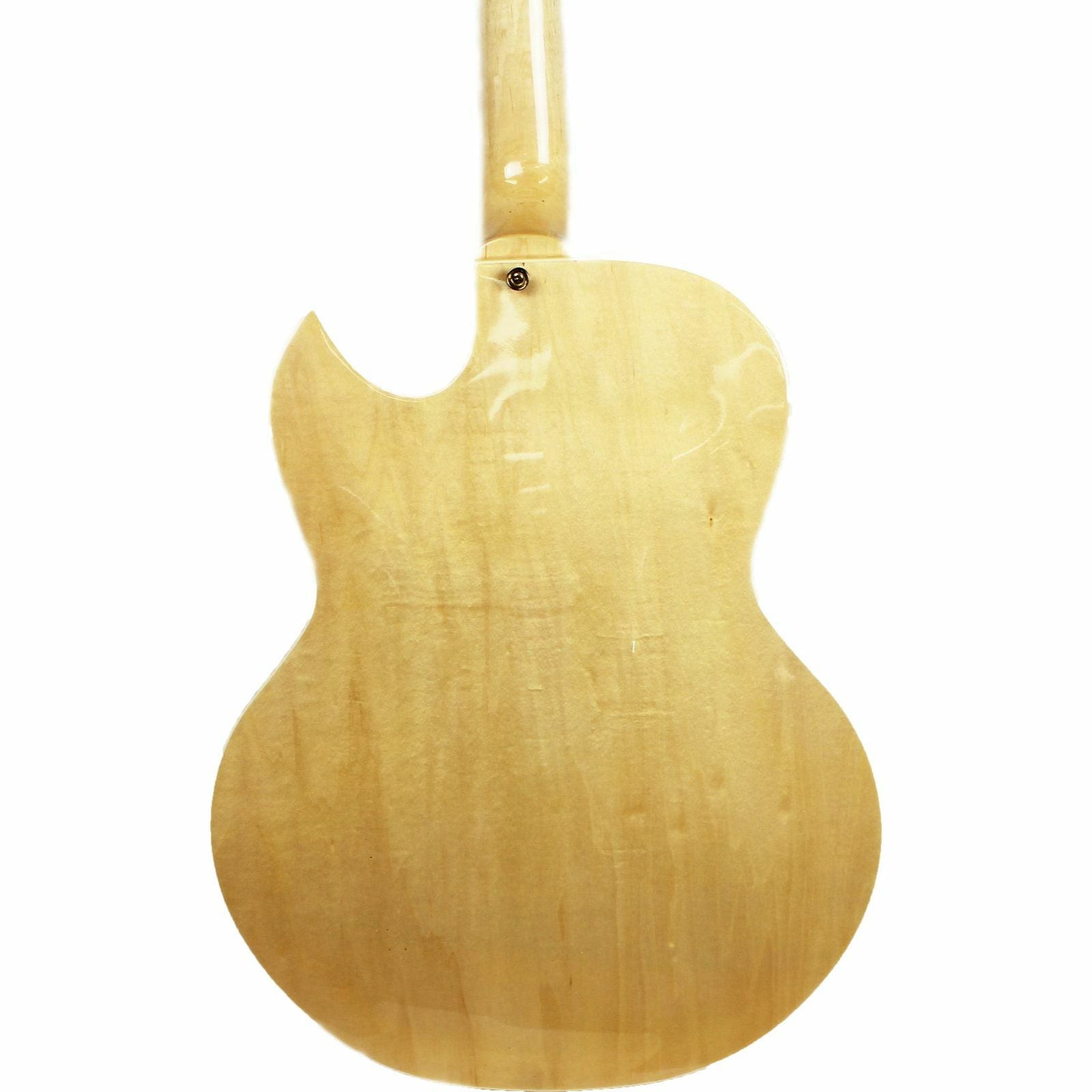 The Axiom Music Columbia Archtop Electric Guitar - Natural features a hollow body, black and gold hardware, f-hole, rectangular fretboard inlays, and vintage-style humbuckers.