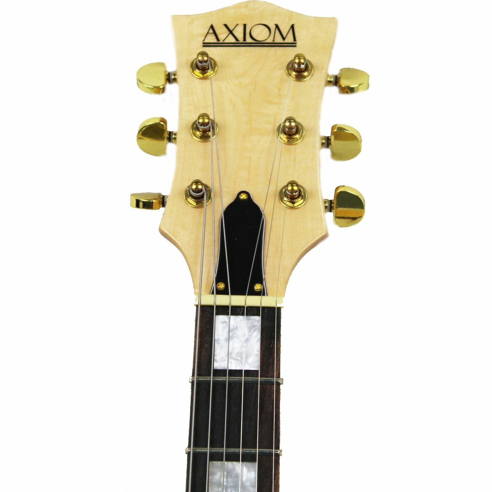 The Axiom Music Columbia Archtop Electric Guitar - Natural features a hollow body, black and gold hardware, f-hole, rectangular fretboard inlays, and vintage-style humbuckers.