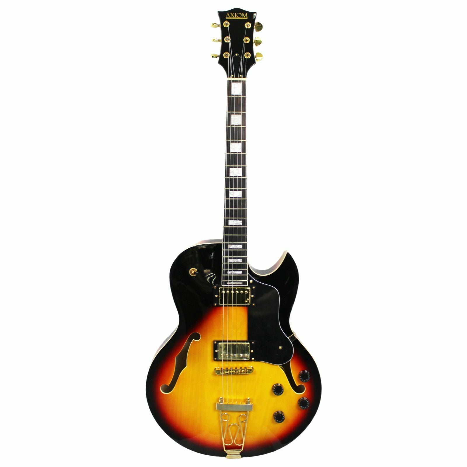The Axiom Music Axiom Columbia Archtop Electric Guitar in Sunburst features gold hardware, vintage-style humbuckers, four control knobs, and a left-side f-hole.