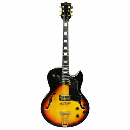 The Axiom Music Axiom Columbia Archtop Electric Guitar in Sunburst features gold hardware, vintage-style humbuckers, four control knobs, and a left-side f-hole.