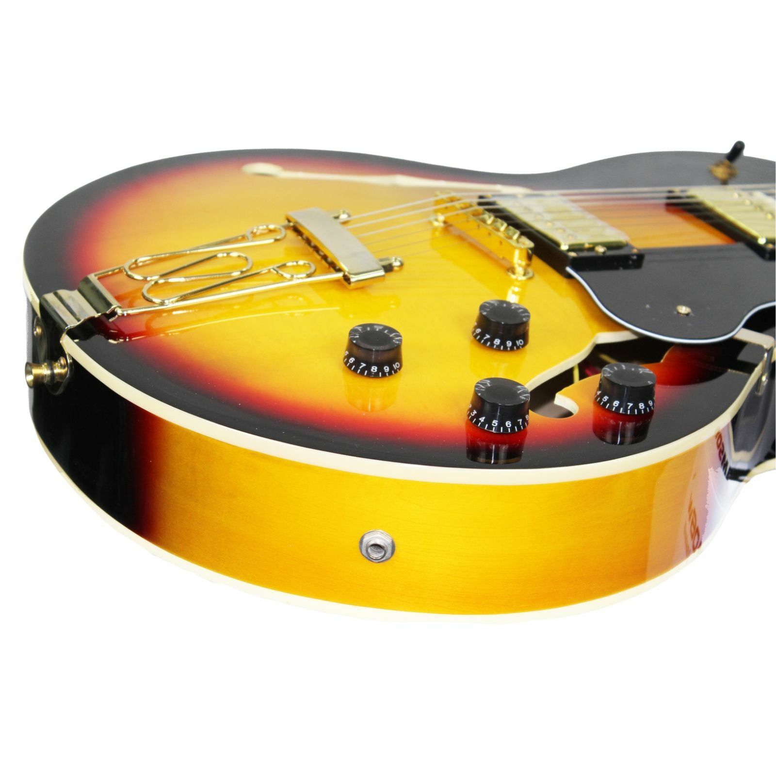 The Axiom Music Axiom Columbia Archtop Electric Guitar in Sunburst features gold hardware, vintage-style humbuckers, four control knobs, and a left-side f-hole.