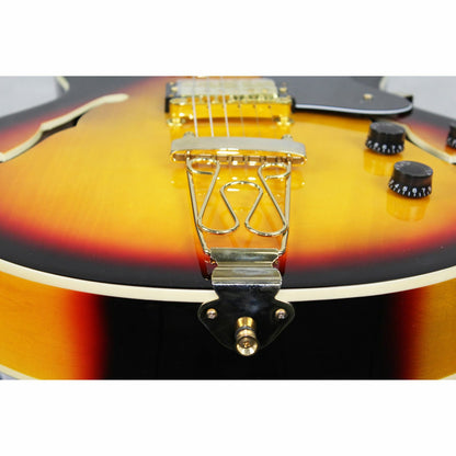 The Axiom Music Axiom Columbia Archtop Electric Guitar in Sunburst features gold hardware, vintage-style humbuckers, four control knobs, and a left-side f-hole.