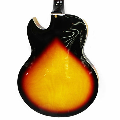 The Axiom Music Axiom Columbia Archtop Electric Guitar in Sunburst features gold hardware, vintage-style humbuckers, four control knobs, and a left-side f-hole.