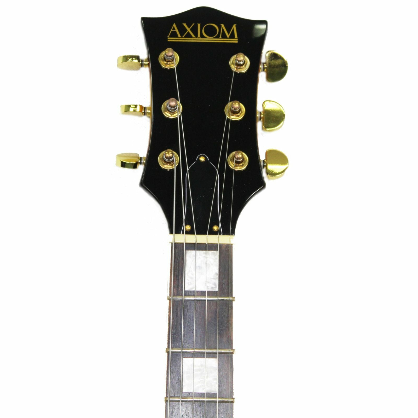 The Axiom Music Axiom Columbia Archtop Electric Guitar in Sunburst features gold hardware, vintage-style humbuckers, four control knobs, and a left-side f-hole.