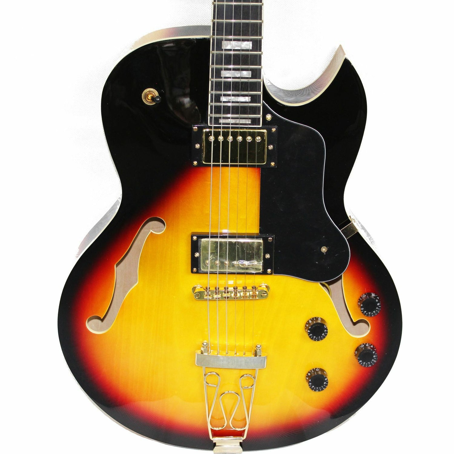 The Axiom Music Axiom Columbia Archtop Electric Guitar in Sunburst features gold hardware, vintage-style humbuckers, four control knobs, and a left-side f-hole.
