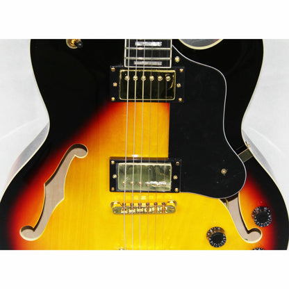 The Axiom Music Axiom Columbia Archtop Electric Guitar in Sunburst features gold hardware, vintage-style humbuckers, four control knobs, and a left-side f-hole.
