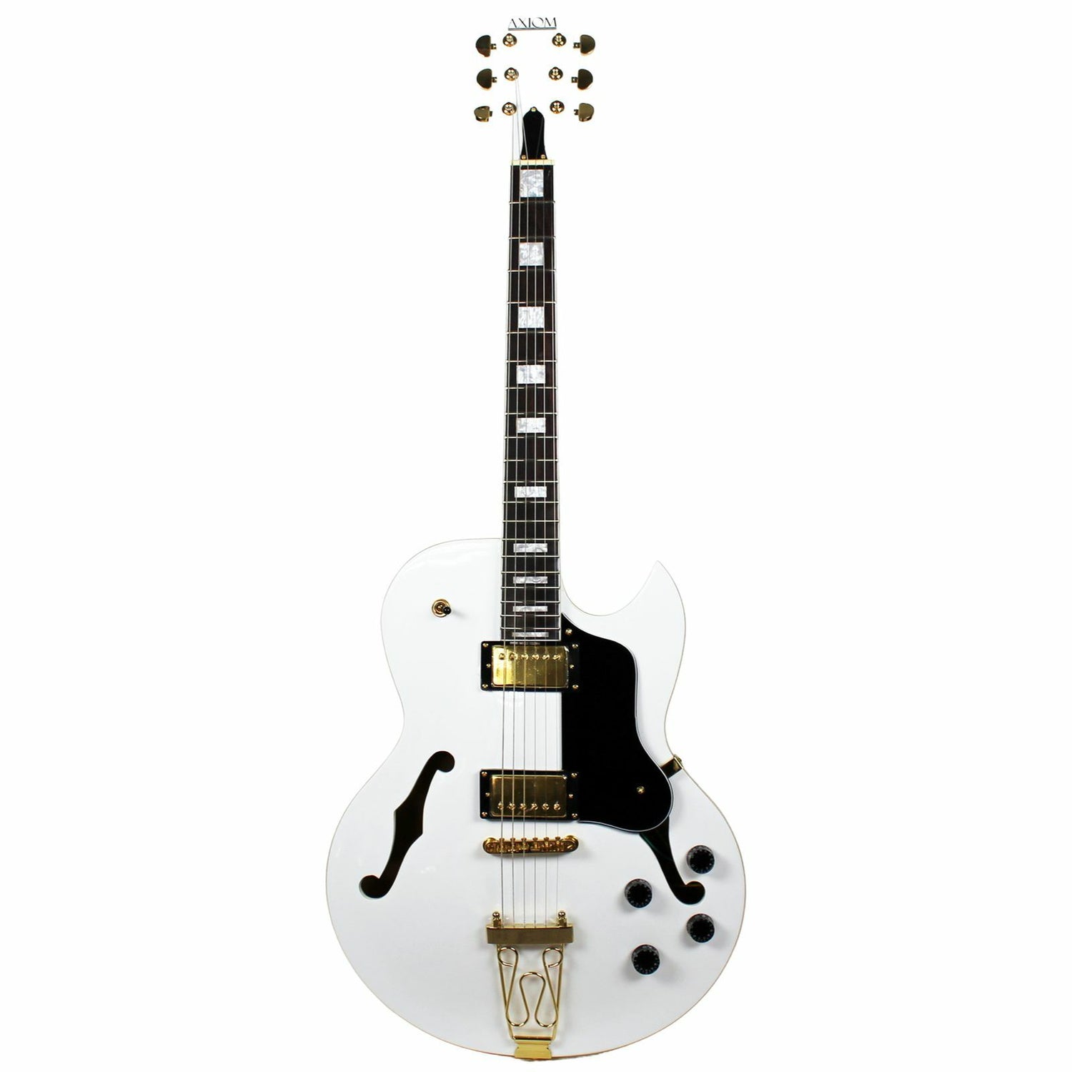 The Axiom Music Axiom Columbia Archtop Electric Guitar White Bird features a white hollow body, gold hardware, black pickguard, vintage-style humbuckers, four knobs, two pickups, and f-hole cutouts.