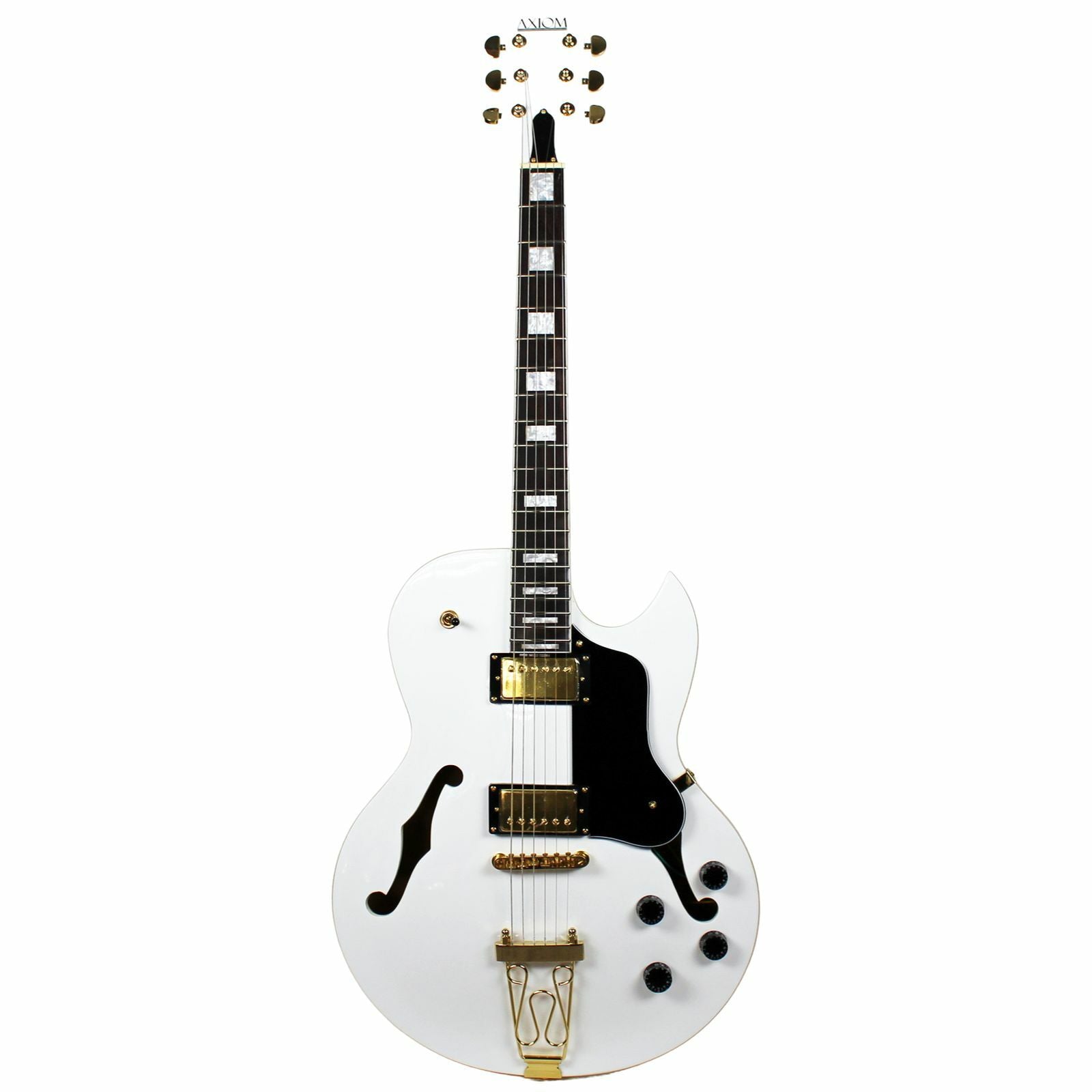 The Axiom Music Axiom Columbia Archtop Electric Guitar White Bird features a white hollow body, gold hardware, black pickguard, vintage-style humbuckers, four knobs, two pickups, and f-hole cutouts.