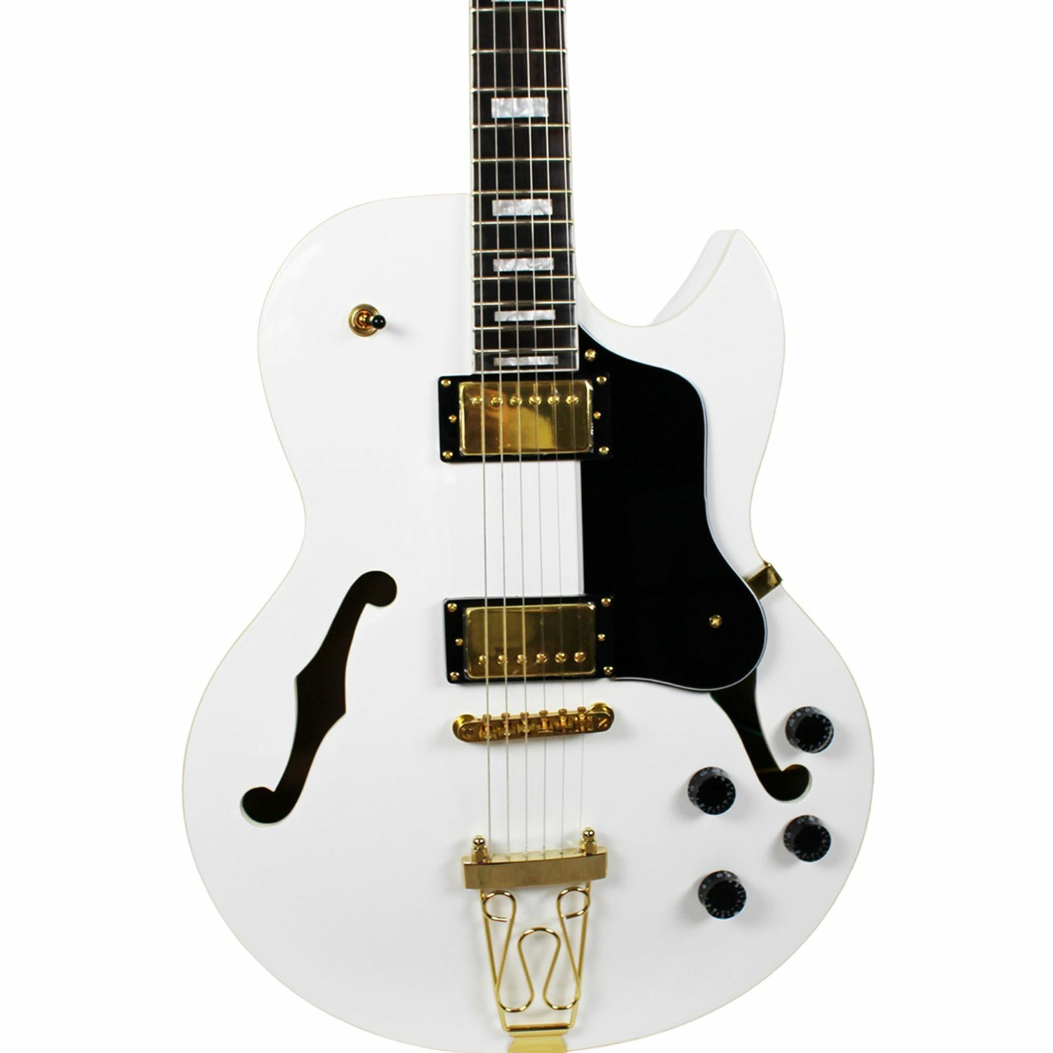 The Axiom Music Axiom Columbia Archtop Electric Guitar White Bird features a white hollow body, gold hardware, black pickguard, vintage-style humbuckers, four knobs, two pickups, and f-hole cutouts.