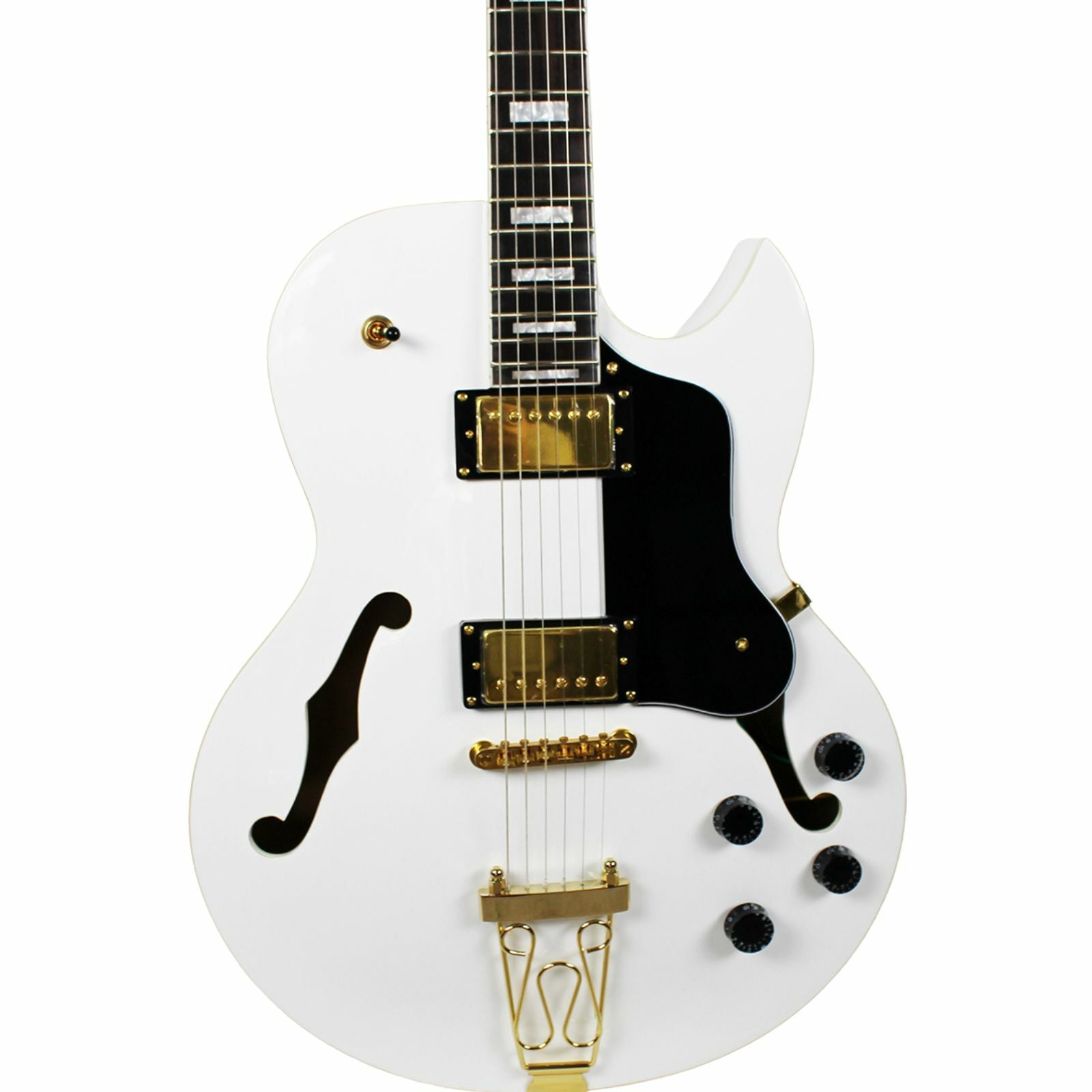 The Axiom Music Axiom Columbia Archtop Electric Guitar White Bird features a white hollow body, gold hardware, black pickguard, vintage-style humbuckers, four knobs, two pickups, and f-hole cutouts.