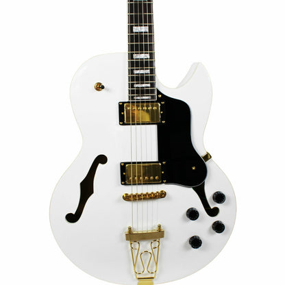 The Axiom Music Axiom Columbia Archtop Electric Guitar White Bird features a white hollow body, gold hardware, black pickguard, vintage-style humbuckers, four knobs, two pickups, and f-hole cutouts.