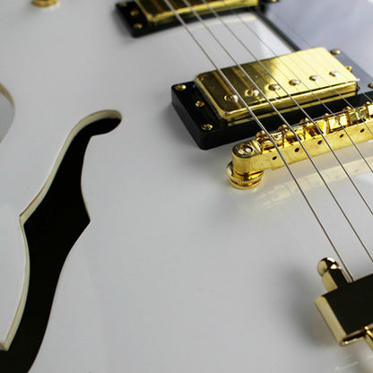 The Axiom Music Axiom Columbia Archtop Electric Guitar White Bird features a white hollow body, gold hardware, black pickguard, vintage-style humbuckers, four knobs, two pickups, and f-hole cutouts.