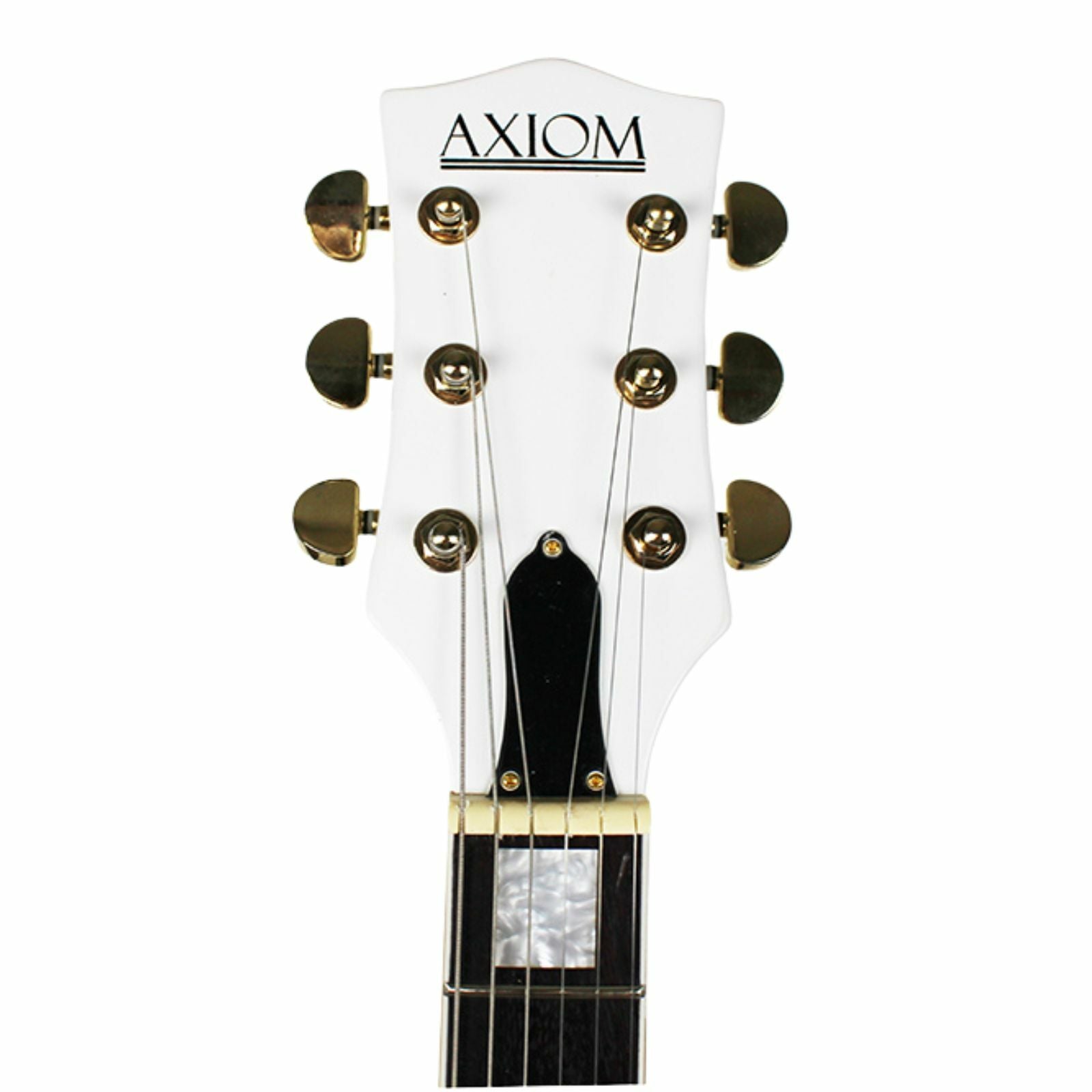 The Axiom Music Axiom Columbia Archtop Electric Guitar White Bird features a white hollow body, gold hardware, black pickguard, vintage-style humbuckers, four knobs, two pickups, and f-hole cutouts.