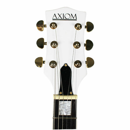 The Axiom Music Axiom Columbia Archtop Electric Guitar White Bird features a white hollow body, gold hardware, black pickguard, vintage-style humbuckers, four knobs, two pickups, and f-hole cutouts.