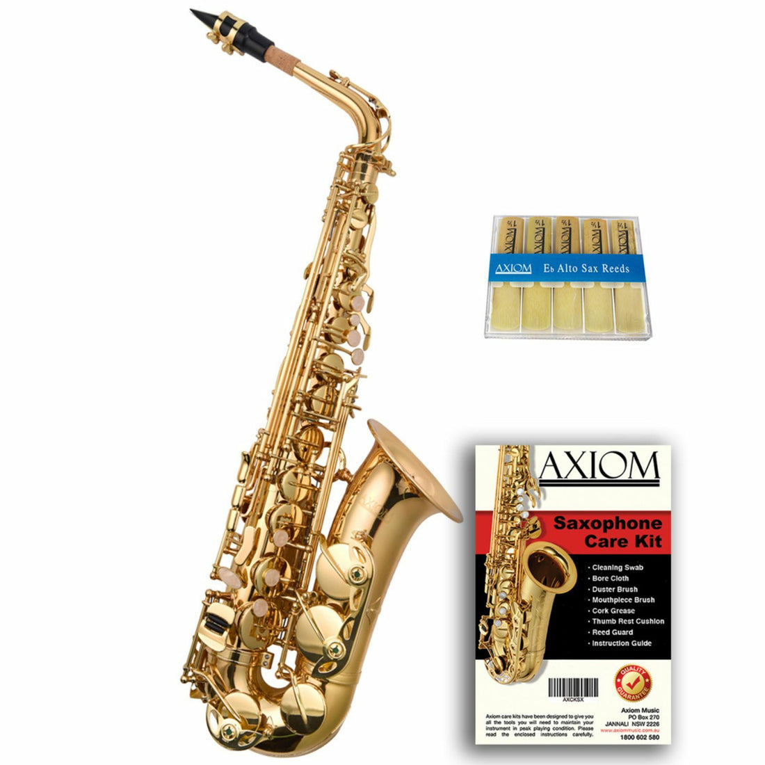 The Axiom Prelude Complete Beginner Saxophone Outfit by Axiom Music includes a gold alto sax, five alto sax reeds, and a care kit with cleaning tools and instructions—perfect for beginners seeking a durable brass instrument.
