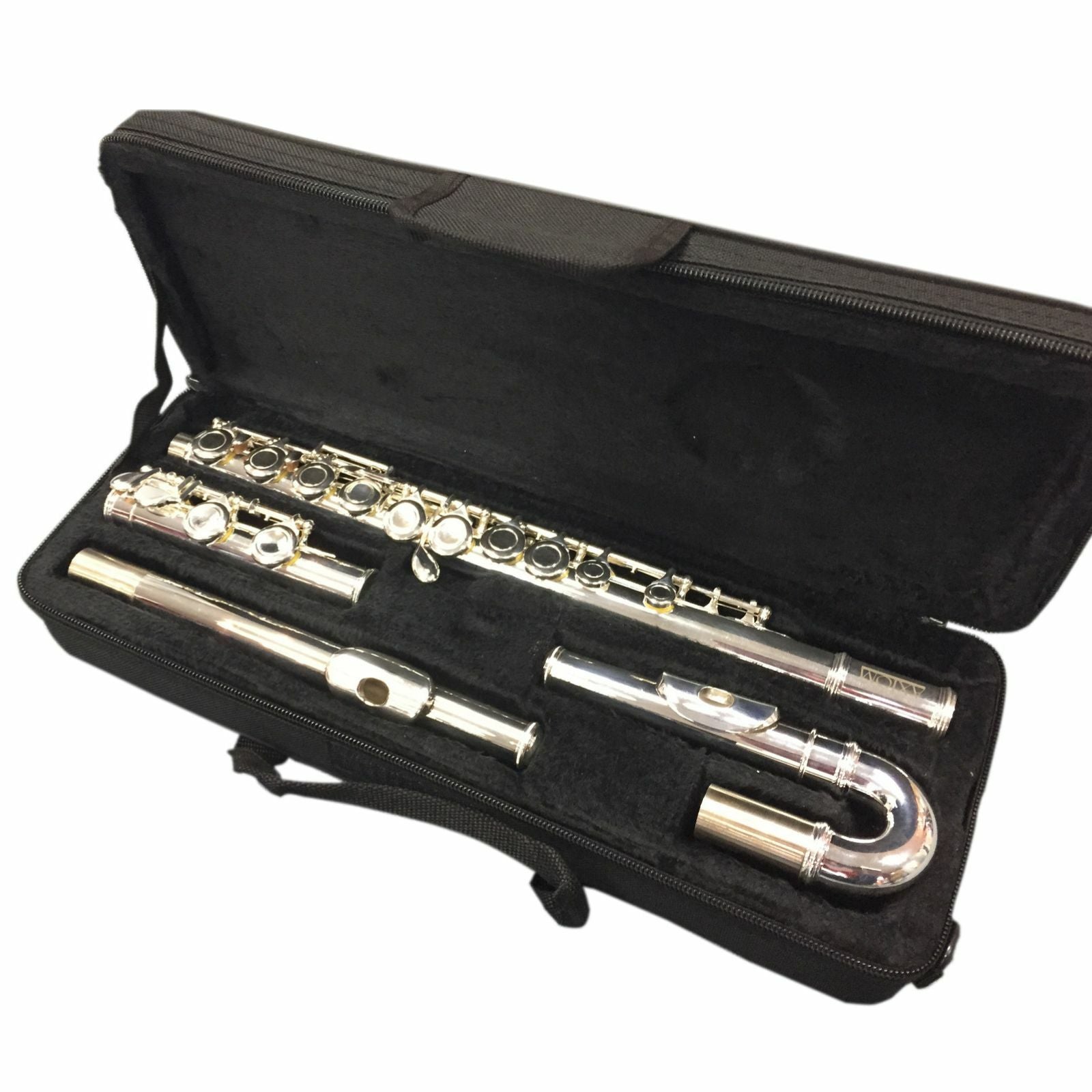 The Axiom Prelude Curved Head Flute Outfit by Axiom Music is shown disassembled in a black open case, highlighting quality craftsmanship and USA-made pads.
