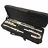 The Axiom Prelude Curved Head Flute Outfit by Axiom Music is shown disassembled in a black open case, highlighting quality craftsmanship and USA-made pads.