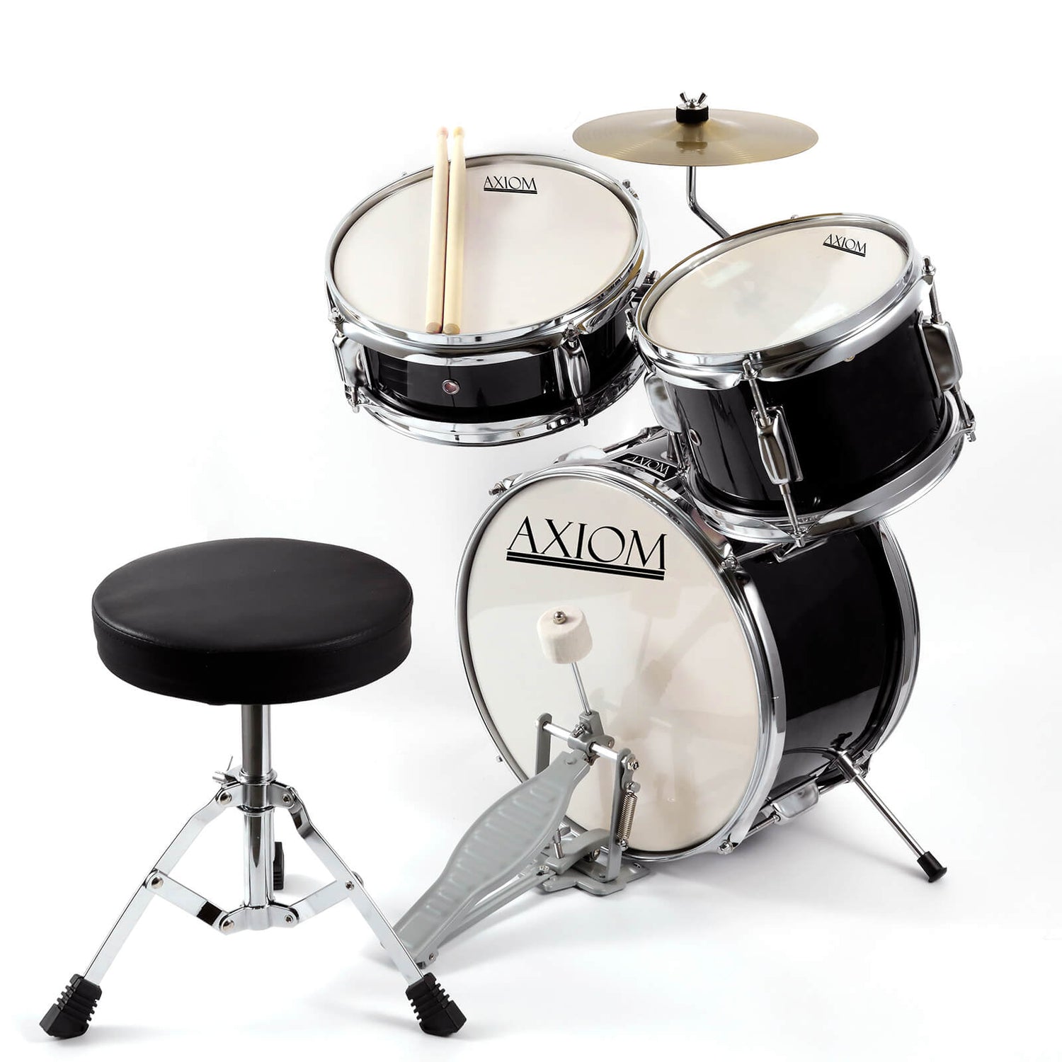 The Axiom Music Axiom Childrens Drum Set - Black features a bass drum, snare, two toms, hi-hat cymbal, durable hardware, drumsticks, and a padded stool, shown on a white background.