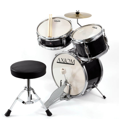 The Axiom Music Axiom Childrens Drum Set - Black features a bass drum, snare, two toms, hi-hat cymbal, durable hardware, drumsticks, and a padded stool, shown on a white background.