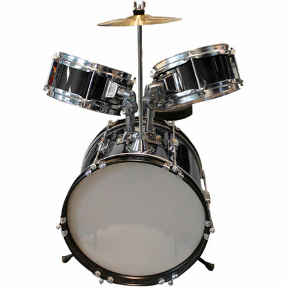 The Axiom Music Axiom Childrens Drum Set - Black features a bass drum, snare, two toms, hi-hat cymbal, durable hardware, drumsticks, and a padded stool, shown on a white background.