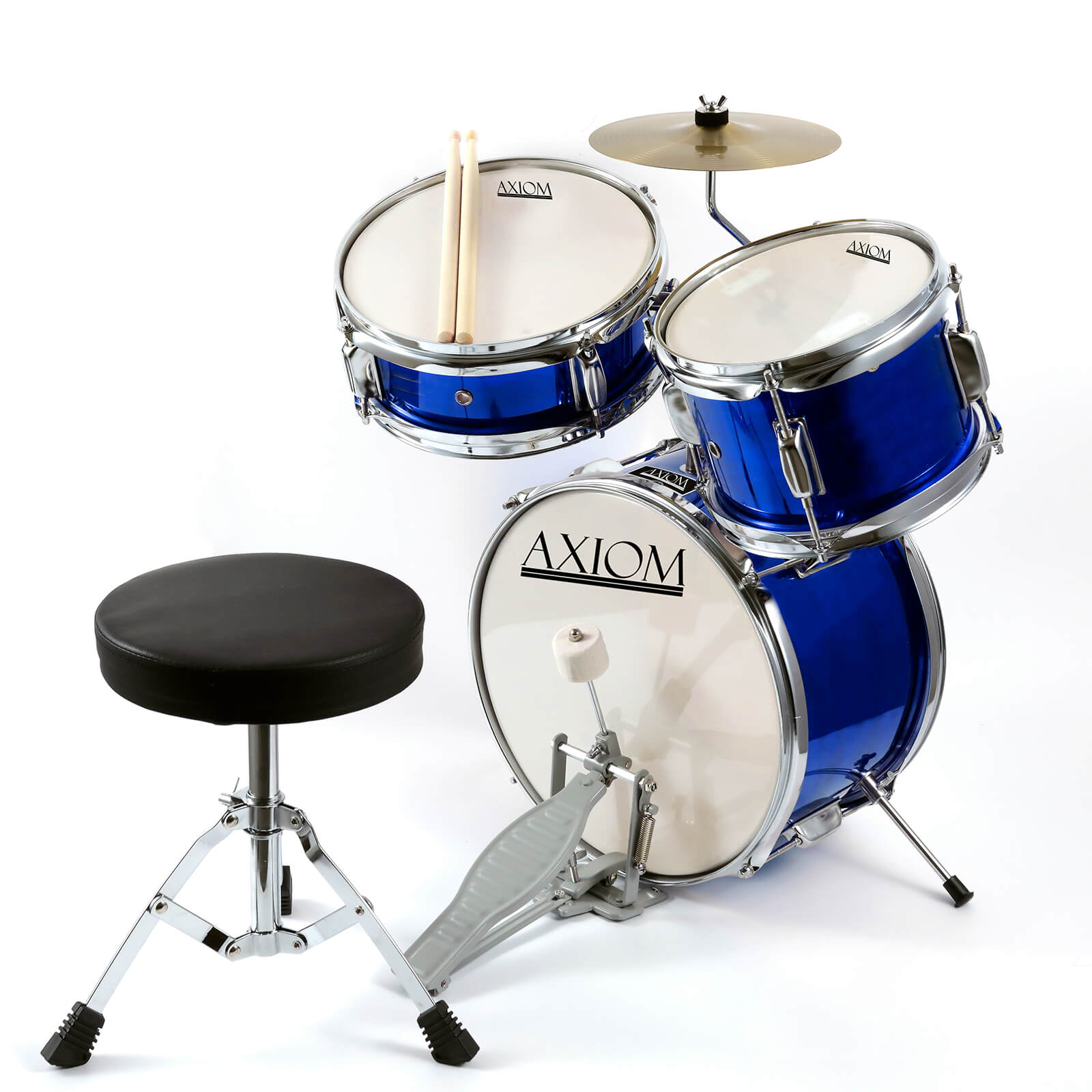 The Axiom Music Axiom Childrens Drum Set - Blue includes three drums, a cymbal, a stool, and drumsticks—ideal for young musicians seeking fun and durability.