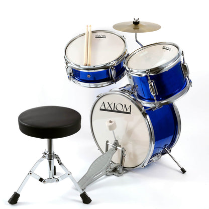 The Axiom Music Axiom Childrens Drum Set - Blue includes three drums, a cymbal, a stool, and drumsticks—ideal for young musicians seeking fun and durability.