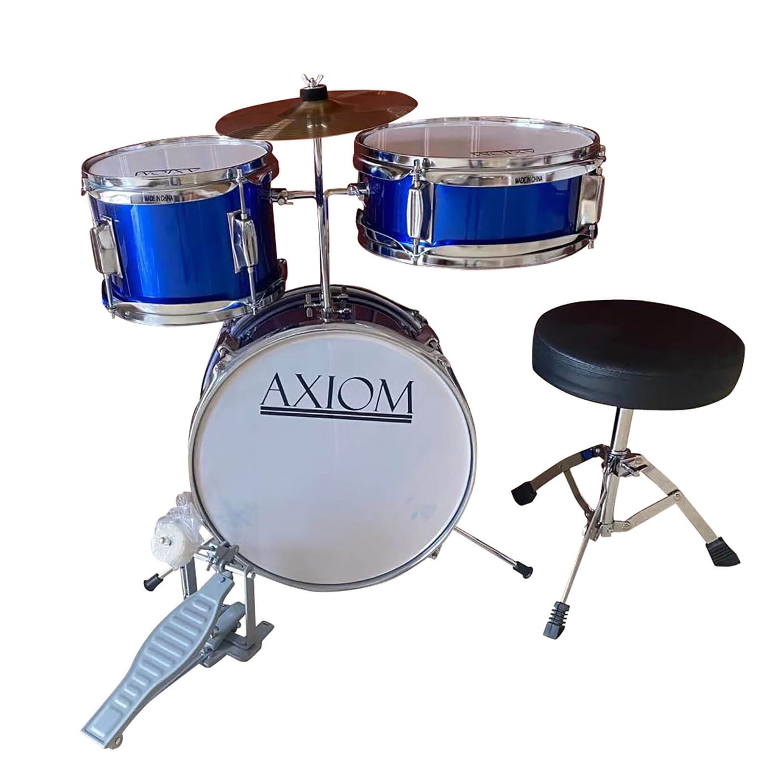 The Axiom Music Axiom Childrens Drum Set - Blue includes three drums, a cymbal, a stool, and drumsticks—ideal for young musicians seeking fun and durability.