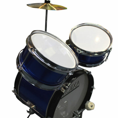 The Axiom Music Axiom Childrens Drum Set - Blue includes three drums, a cymbal, a stool, and drumsticks—ideal for young musicians seeking fun and durability.