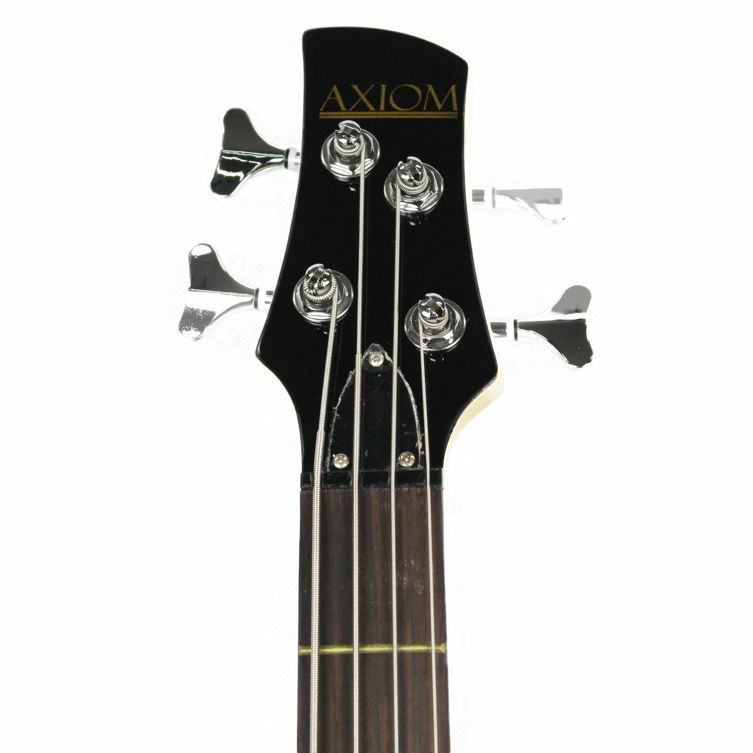 The Axiom Music Axiom Defender Bass Guitar - Sunburst features four strings, a rosewood fretboard, two high output pickups, and three control knobs, shown in a photo on a white background.