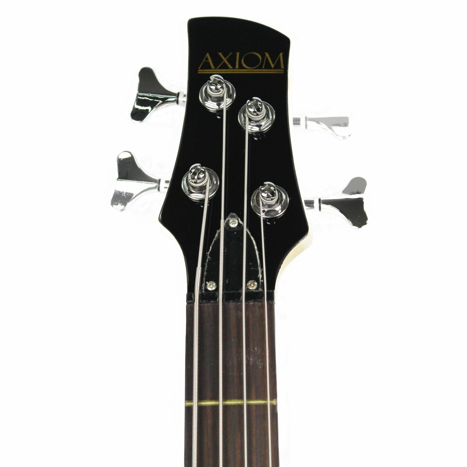 The Axiom Music Axiom Defender Bass Guitar - Sunburst features four strings, a rosewood fretboard, two high output pickups, and three control knobs, shown in a photo on a white background.