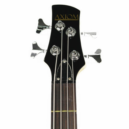 The Axiom Music Axiom Defender Bass Guitar - Sunburst features four strings, a rosewood fretboard, two high output pickups, and three control knobs, shown in a photo on a white background.