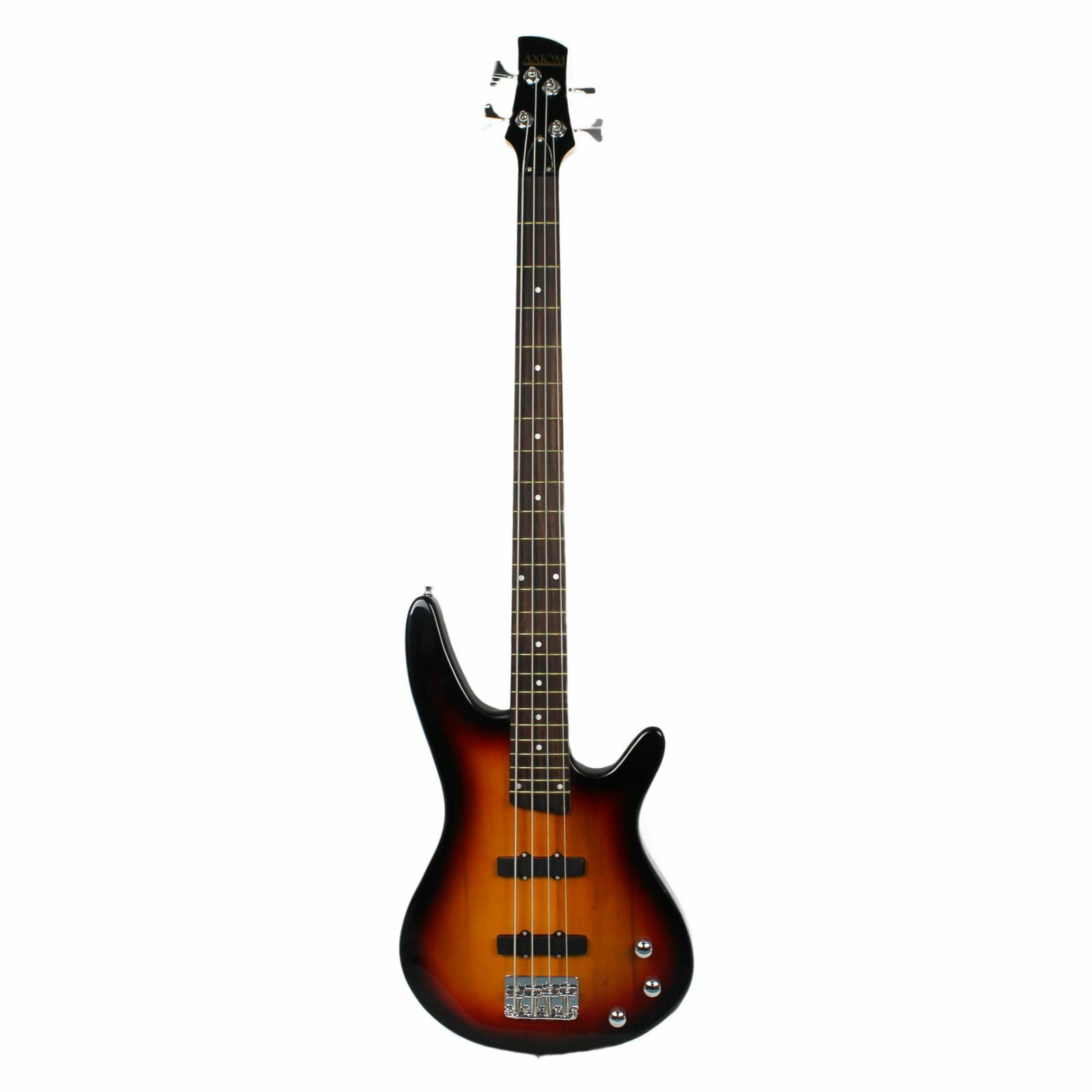 The Axiom Music Axiom Defender Bass Guitar - Sunburst features four strings, a rosewood fretboard, two high output pickups, and three control knobs, shown in a photo on a white background.