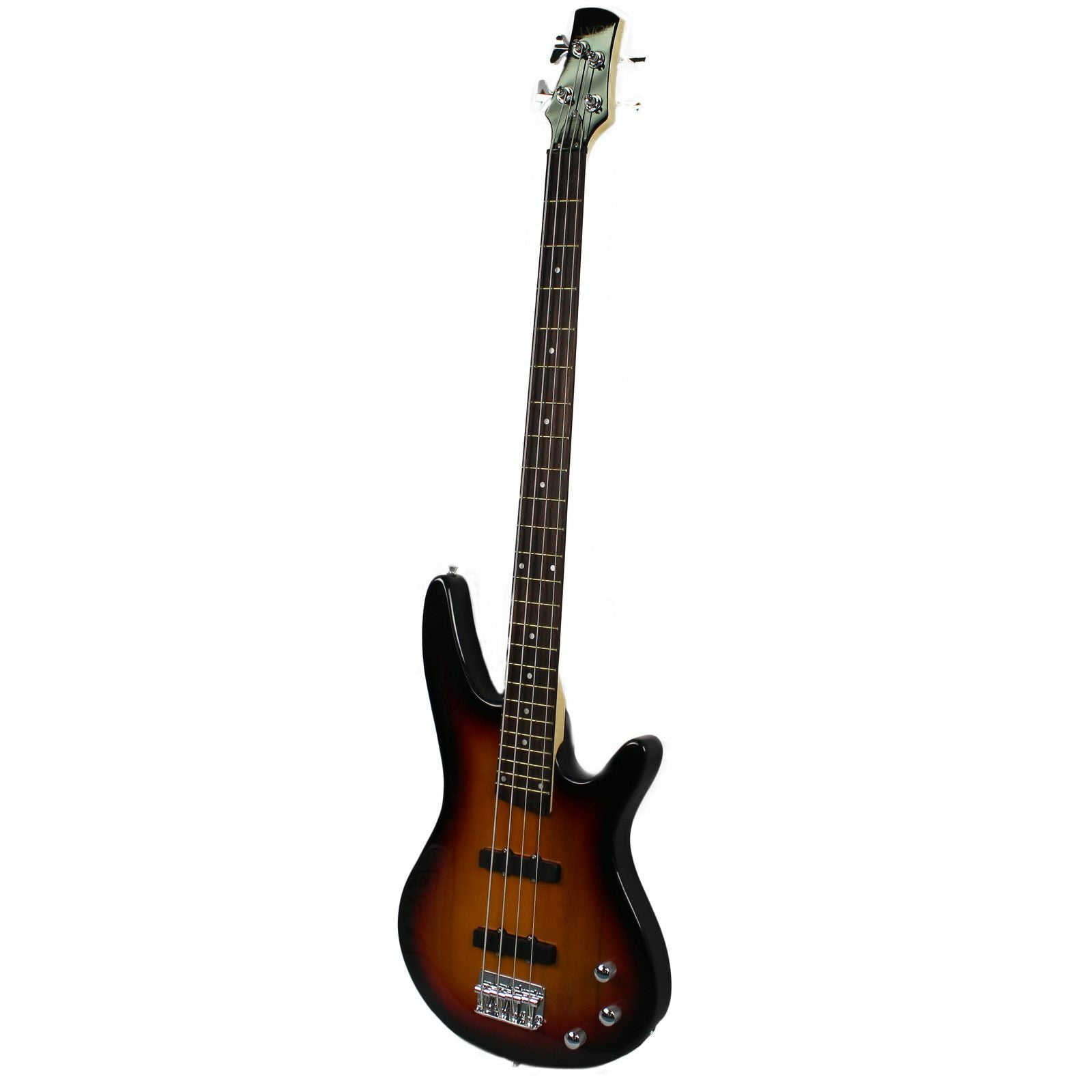 The Axiom Music Axiom Defender Bass Guitar - Sunburst features four strings, a rosewood fretboard, two high output pickups, and three control knobs, shown in a photo on a white background.