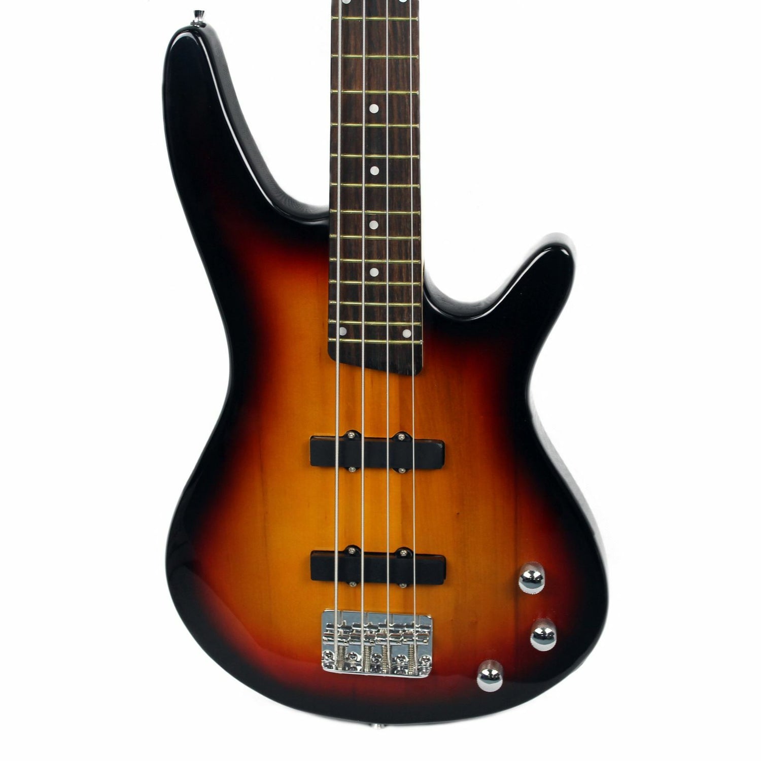 The Axiom Music Axiom Defender Bass Guitar - Sunburst features four strings, a rosewood fretboard, two high output pickups, and three control knobs, shown in a photo on a white background.