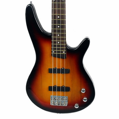 The Axiom Music Axiom Defender Bass Guitar - Sunburst features four strings, a rosewood fretboard, two high output pickups, and three control knobs, shown in a photo on a white background.
