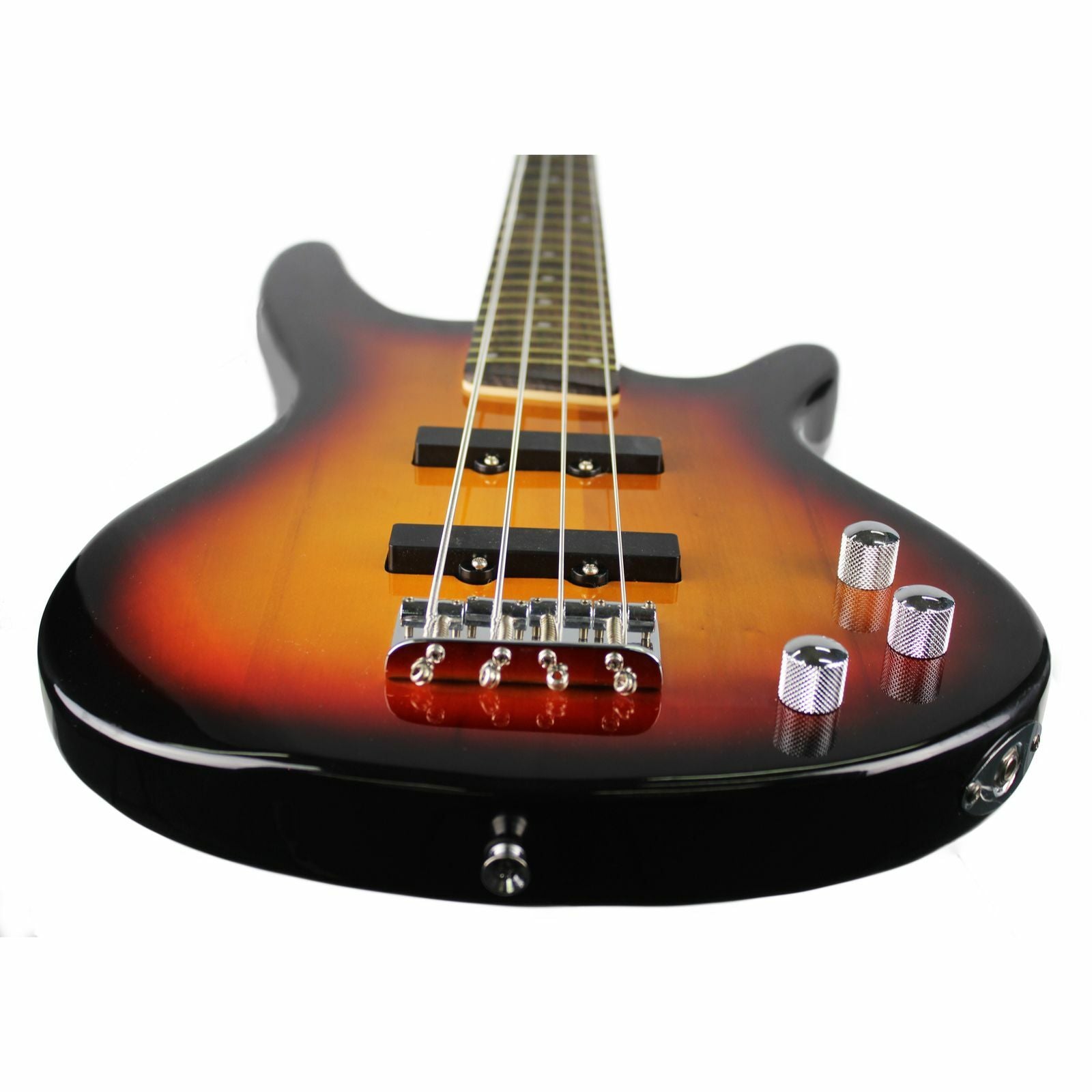 The Axiom Music Axiom Defender Bass Guitar - Sunburst features four strings, a rosewood fretboard, two high output pickups, and three control knobs, shown in a photo on a white background.