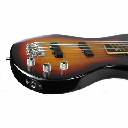 The Axiom Music Axiom Defender Bass Guitar - Sunburst features four strings, a rosewood fretboard, two high output pickups, and three control knobs, shown in a photo on a white background.