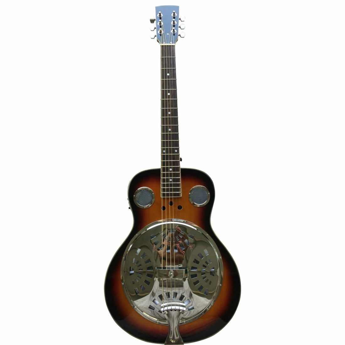 The Axiom Drifter Resonator Guitar by Axiom Music features a sunburst finish, spider cone metal resonator, and two circular sound holes on the body.