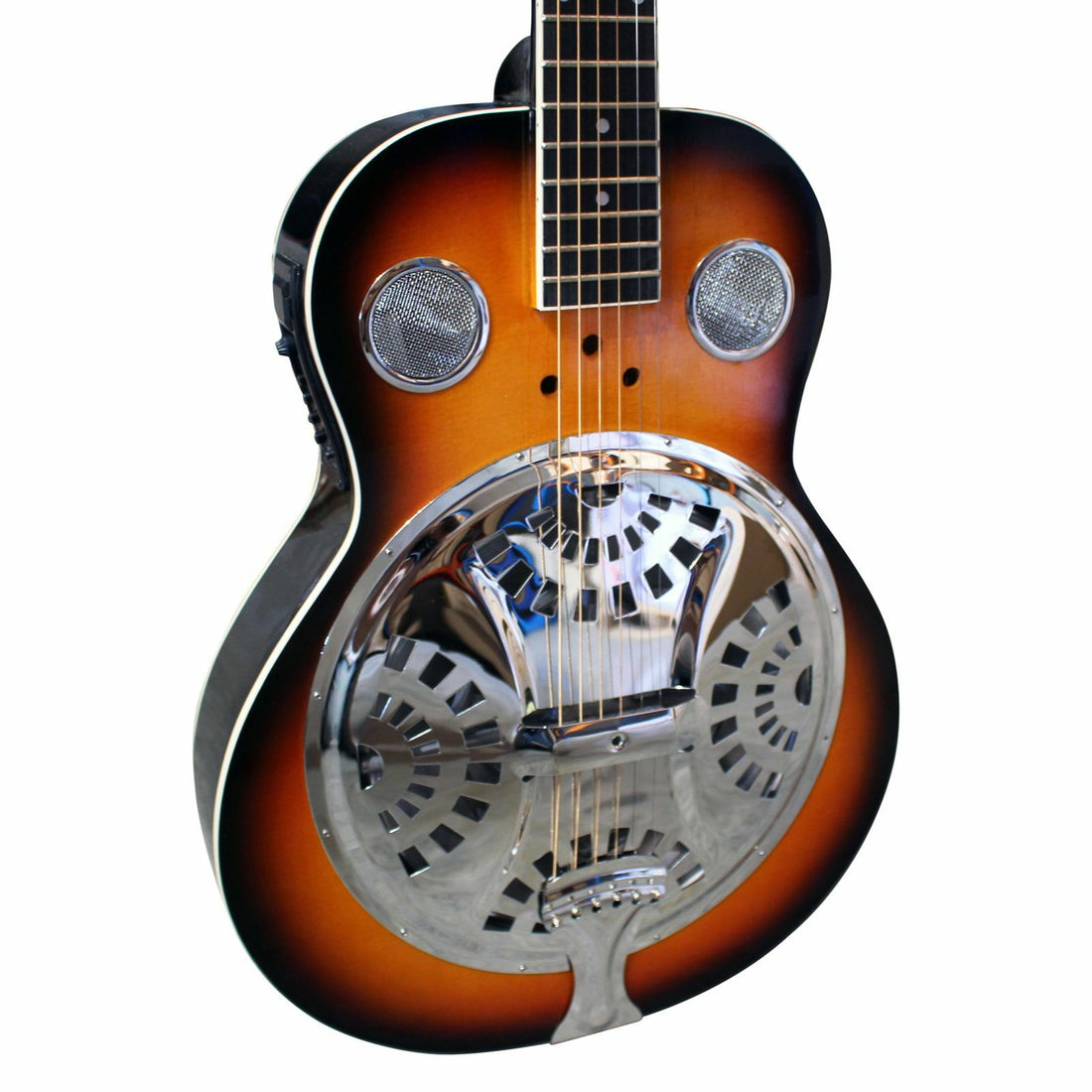 The Axiom Drifter Resonator Guitar by Axiom Music features a sunburst finish, spider cone metal resonator, and two circular sound holes on the body.